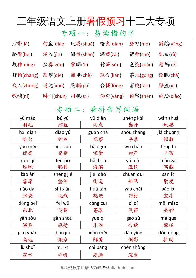 三年级语文上册暑假预习十三大专项-学科资源库