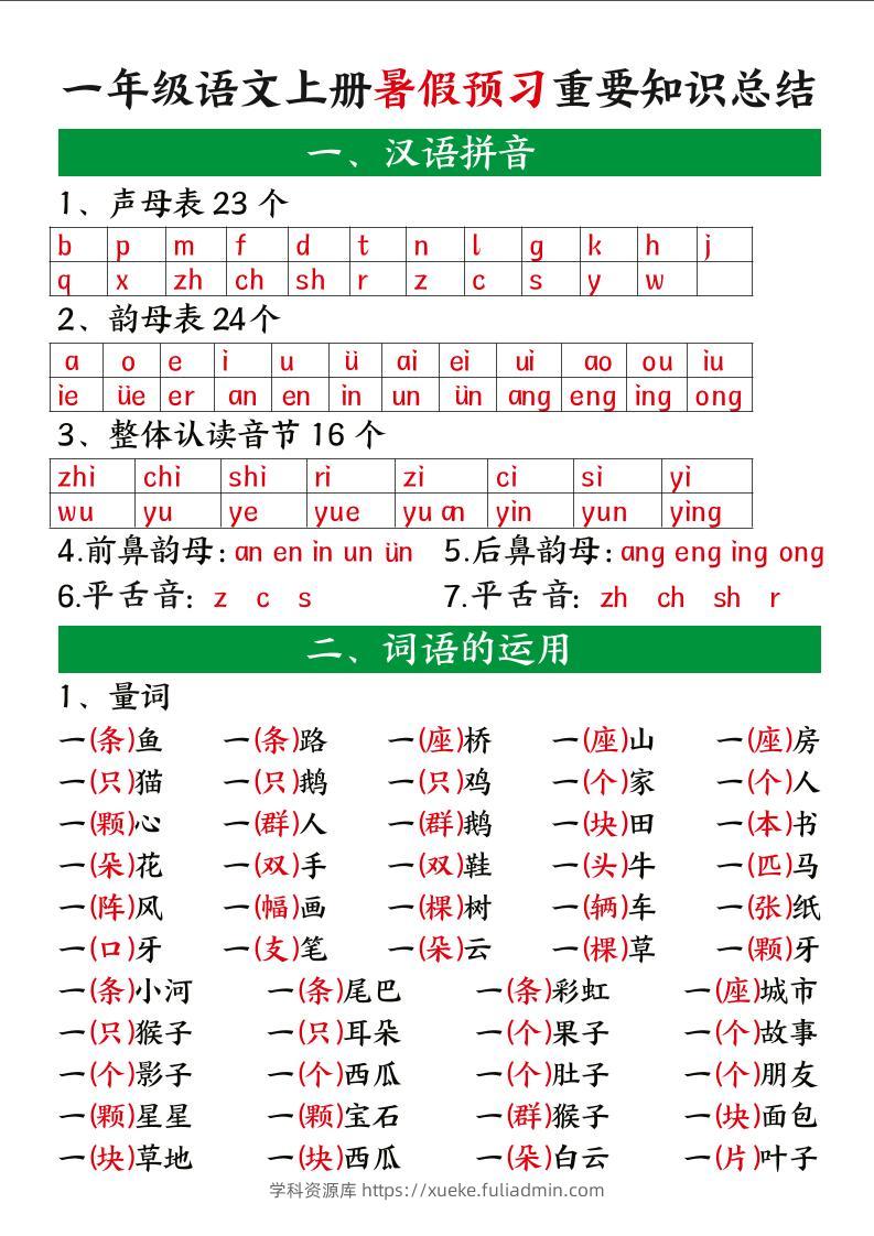一年级语文上册暑假预习重要知识总结-学科资源库