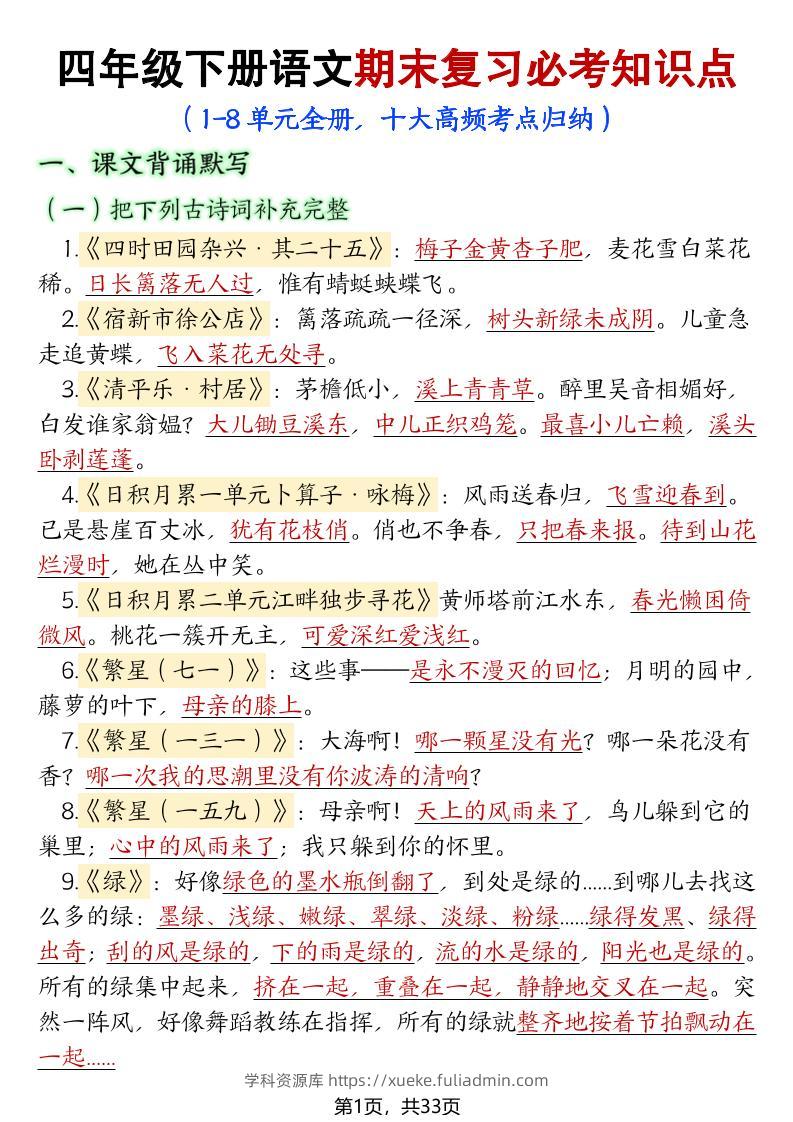 四年级下册语文期末复习必考知识点-学科资源库