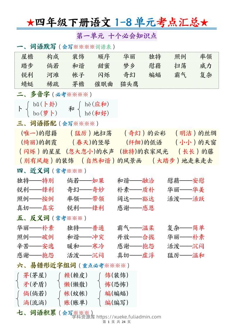 四下语文期末1-8单元十大考点必背-学科资源库