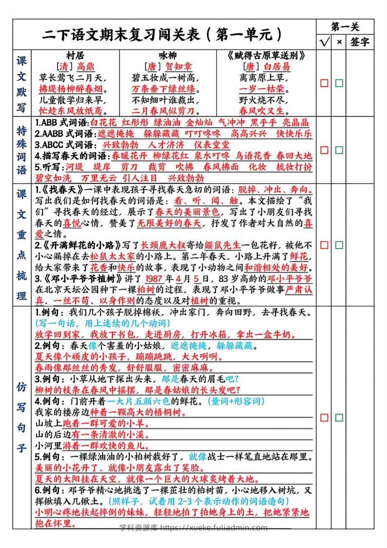 二下语文期末复习1-8单元闯关表（8页）-学科资源库
