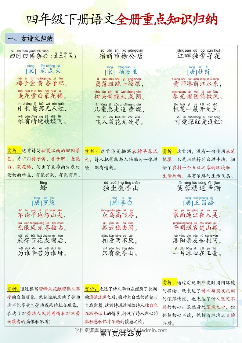 四下语文全册重点知识归纳-学科资源库