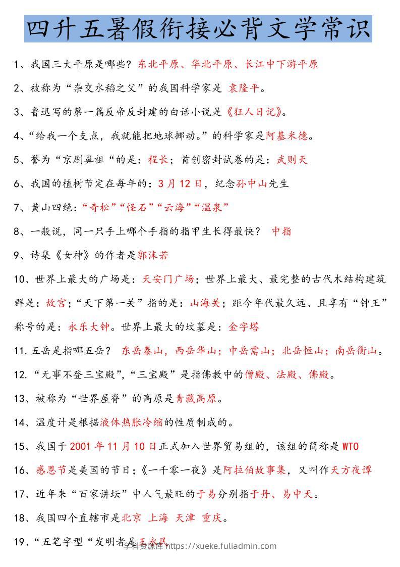【四升五语文暑假】必背文学常识四下语文-学科资源库