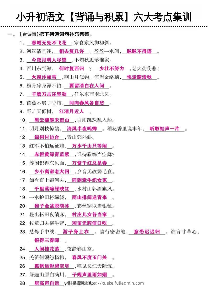 小升初语文【背诵与积累】六大考点集训-学科资源库
