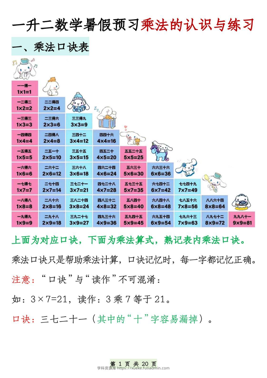 2603一升二数学暑假预习乘法的认识与练习（含答案40页）二上数学-学科资源库