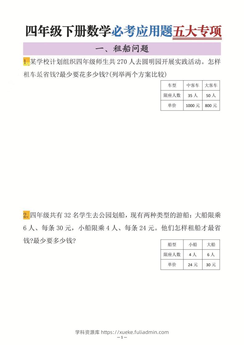 四年级下数学必考应用题五大专项-学科资源库